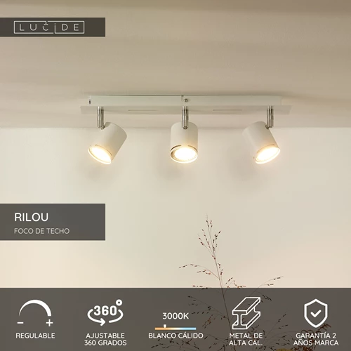 Lucide RILOU - Foco de techo - LED Regul. - GU10 - 3x5W 3000K - Blanco - USP